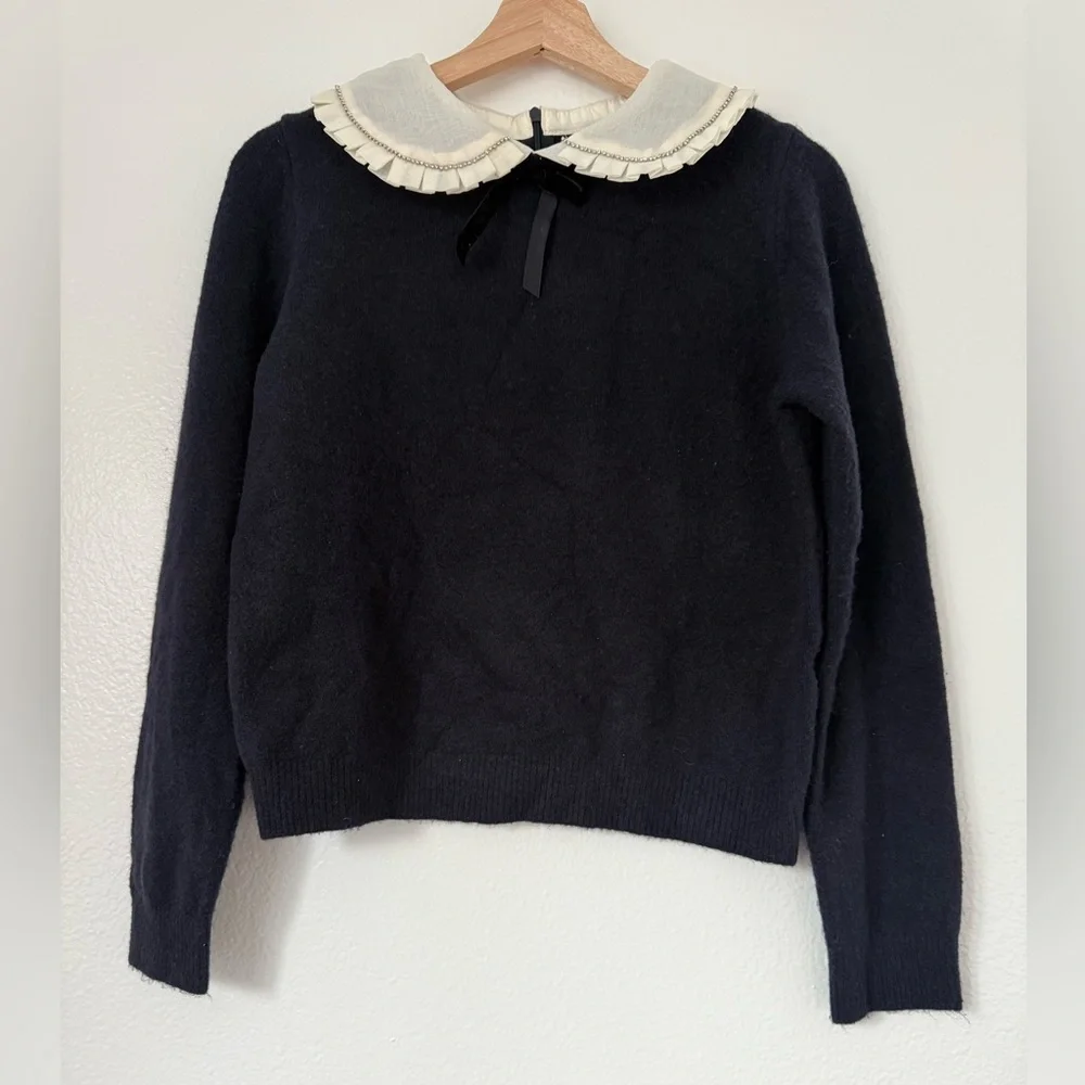 ZARA Navy Blue Rhinestone Trim Peter Pan Pointelle Collar Knit Sweater size M